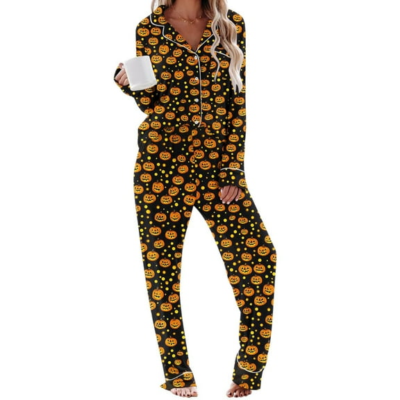 Halloween Pajamas Womens 2 Piece Pant Sets Pumpkin Ghost Print Long Sleeve Button Up Shirt and Bottoms Pjs Outfits, XL Style #O