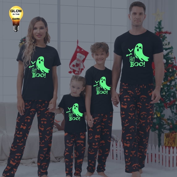 Halloween Pajamas for Family Glow In The Dark Pattern Letter Holiday Sleepwear