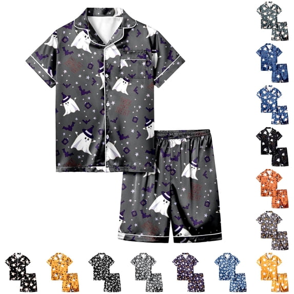 Halloween Pajamas for Girls 2 Piece Silky Comfortabl Pjs Short Sleeve Button-Down Top with Shorts