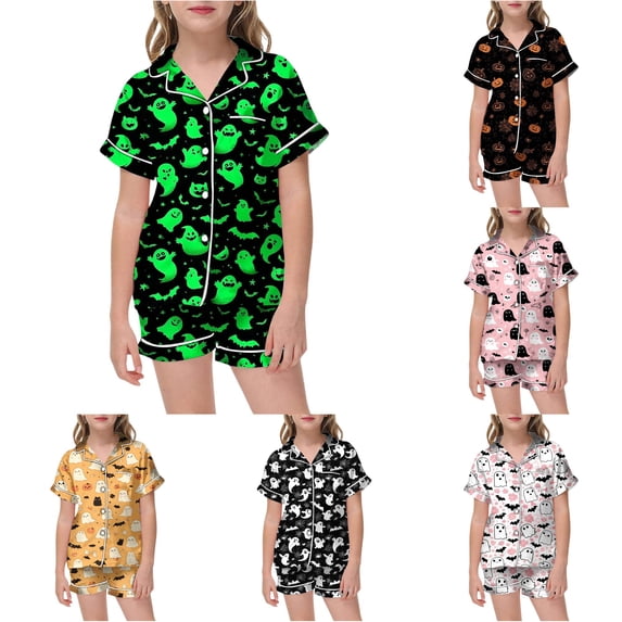 Halloween Pajamas for Tween 2 Piece Comfortabl Silk Satin Pjs Short Sleeve Button Down Girl Clothes