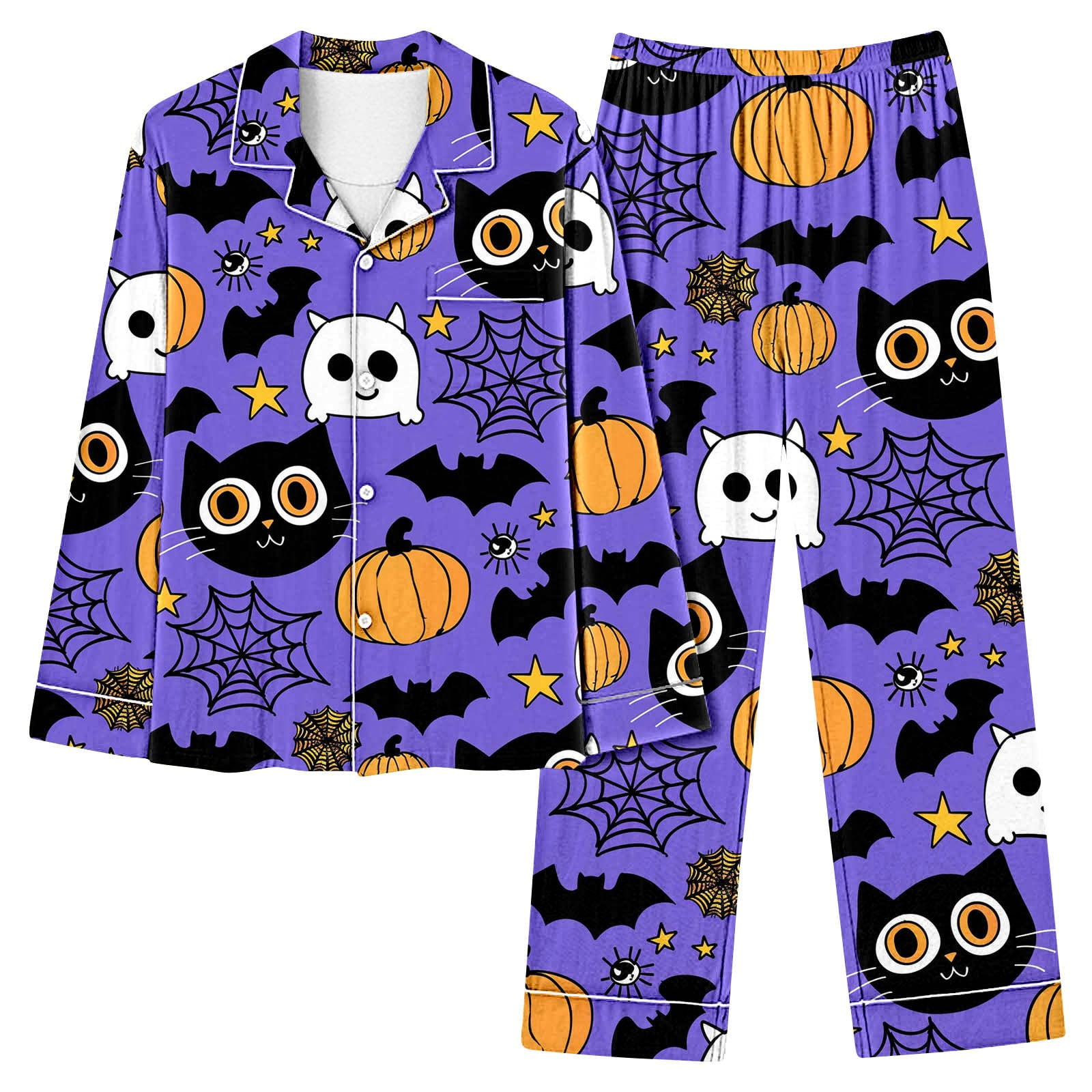 Halloween Pajamas for Women 2 Piece Pant Sets Pumpkin Print Long Sleeve Button Up Shirt and Bottoms Pjs Outfits (2XL, Purple 01)