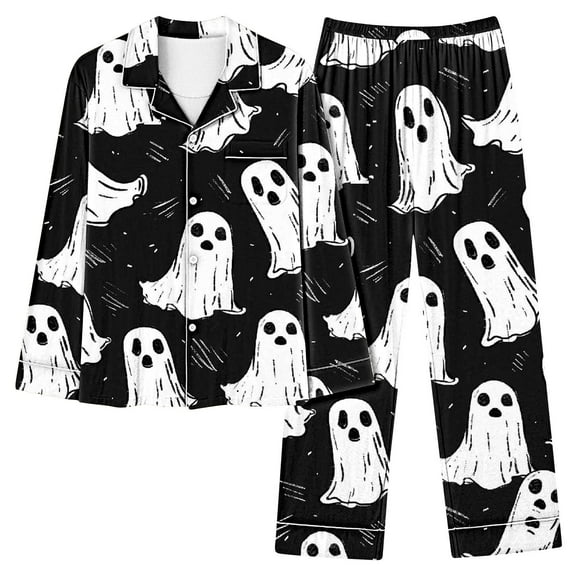 Halloween Pajamas for Women 2 Piece Pant Sets Pumpkin Print Long Sleeve Button Up Shirt and Bottoms Pjs Outfits (3XL, Black 03)