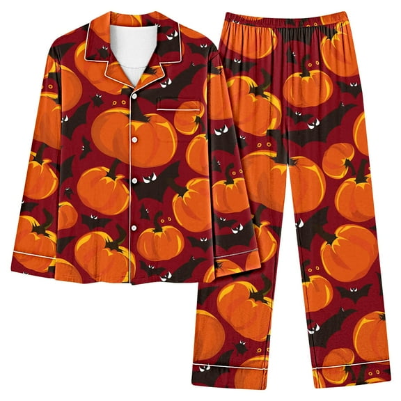 Halloween Pajamas for Women 2 Piece Pant Sets Pumpkin Print Long Sleeve Button Up Shirt and Bottoms Pjs Outfits (3XL, Orange 04)