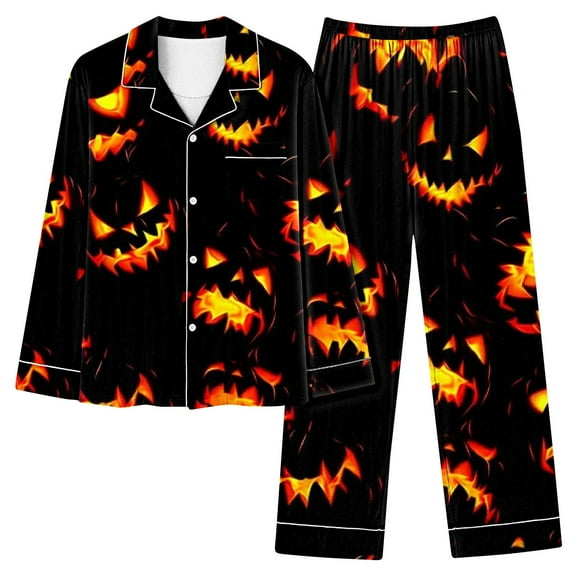 Up to 50% off Halloween Pajamas for Women 2 Piece Pant Sets Pumpkin Print Long Sleeve Button Up Shirt and Bottoms Pjs Outfits (XL, Black 07)
