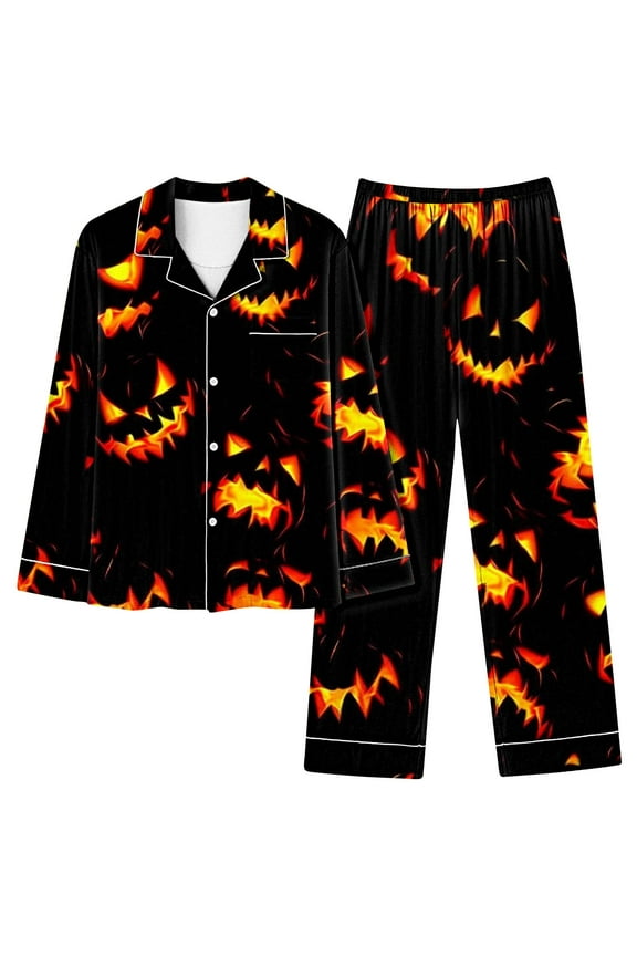 Up to 50% off Halloween Pajamas for Women 2 Piece Pant Sets Pumpkin Print Long Sleeve Button Up Shirt and Bottoms Pjs Outfits (XL, Black 07)