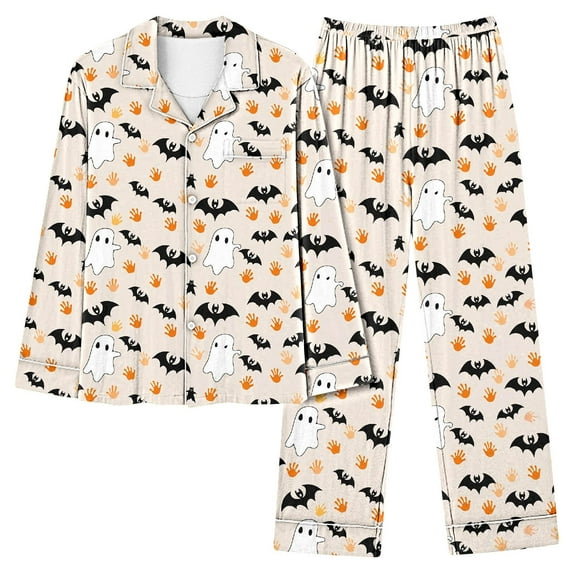 Halloween Pajamas for Women 2 Piece Pant Sets Pumpkin Print Long Sleeve Button Up Shirt with Bottoms Pjs Outfits (L, White)