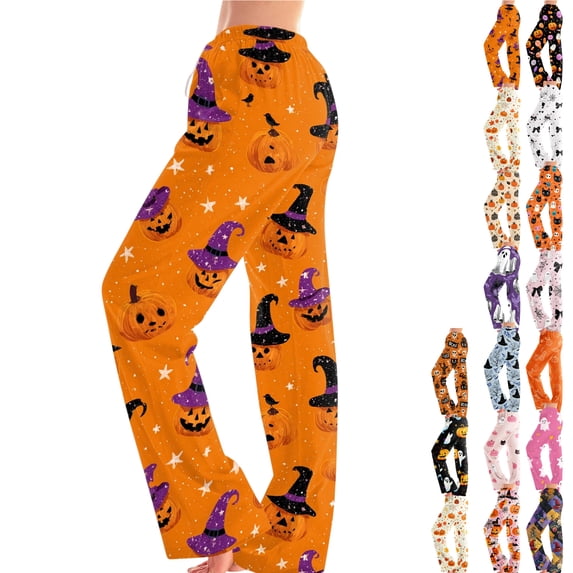 Halloween Pajamas for Women Funny Halloween Party Graphic Soft Lounge Bottom Trousers Elastic Waist Drawstring Holiday Women's Sleepwear Orange S