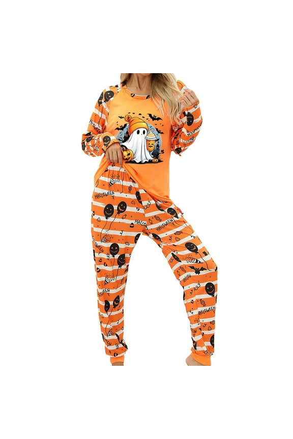 Halloween Pajamas for Women Long Sleeve Shirts and Pants Ghosts & Pumpkin Face Graphic Holiday Pjs 2 Piece Set Spooky Season Sleepwear