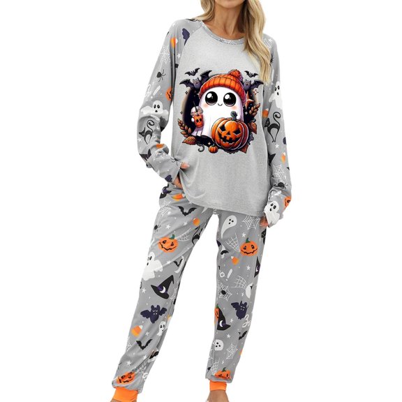 Halloween Pajamas for Women Long Sleeve Shirts and Pants Ghosts & Pumpkin Face Graphic Holiday Pjs 2 Piece Set Spooky Season Sleepwear