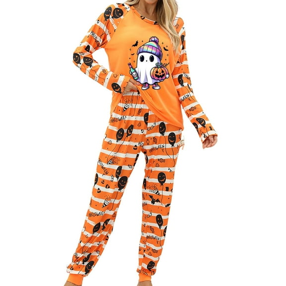 Halloween Pajamas for Women Long Sleeve Shirts and Pants Ghosts & Pumpkin Face Graphic Holiday Pjs 2 Piece Set Spooky Season Sleepwear