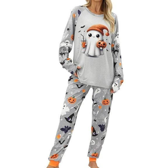 Halloween Pajamas for Women Long Sleeve Shirts and Pants Ghosts & Pumpkin Face Graphic Holiday Pjs 2 Piece Set Spooky Season Sleepwear