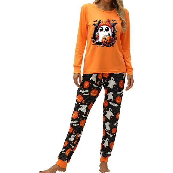 Halloween Pajamas for Women Long Sleeve Shirts and Pants Ghosts & Pumpkin Face Graphic Holiday Pjs 2 Piece Set Spooky Season Sleepwear