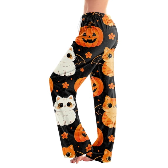 Halloween Pajamas for Women Pumpkin Spider Straight-Leg Spooky Pjs Skull Ghost Loose Drawstring Trendy Trousers M