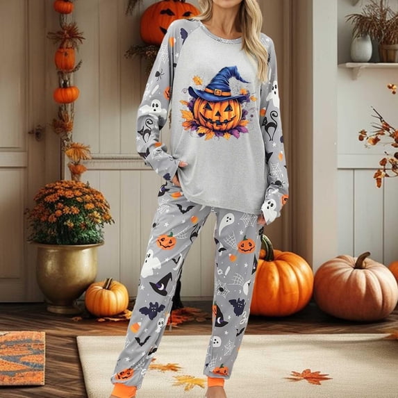Halloween Pajamas for Women Set Pumpkin Print Long Sleeve Tops Matching Cozy Sleeppants Nighty Set Cute Funny