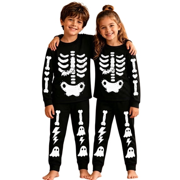 Halloween Pajamsa Sets Skeleton Print Home Wear Outfits Set 2pcs Long Sleeve Top Matching Pants Cozy Fall Winter Sleepwear