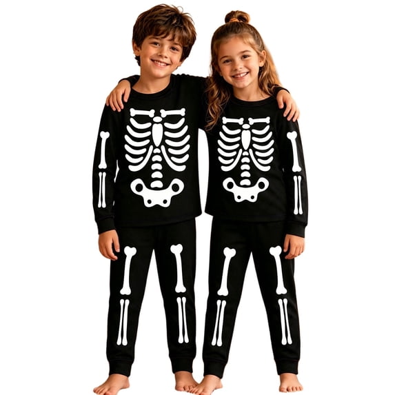 Halloween Pajamsa Sets Skeleton Print Home Wear Outfits Set 2pcs Long Sleeve Top Matching Pants Cozy Fall Winter Sleepwear