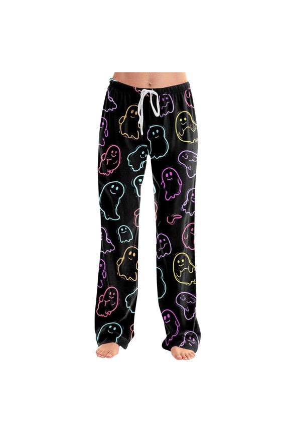 Halloween Pant for Women Bat Castle Long Cute Drawstring Pants High Waist Funny Ghost Pants, 2XL