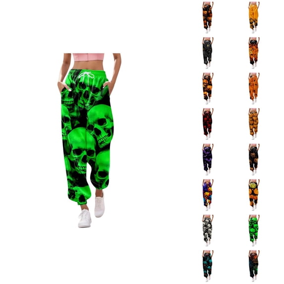 Halloween Pants Women Elastic High Waist Drawstring Relaxed Fit Funny Spooky Print Joggers Sweatpants with Pockets