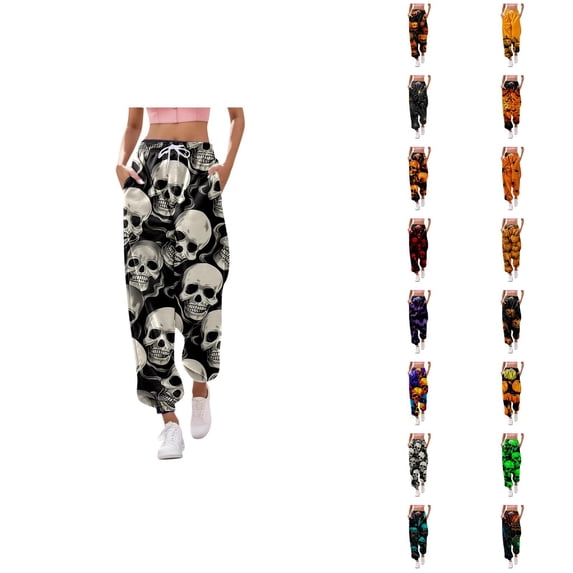 Halloween Pants Women Elastic High Waist Drawstring Relaxed Fit Funny Spooky Print Joggers Sweatpants with Pockets