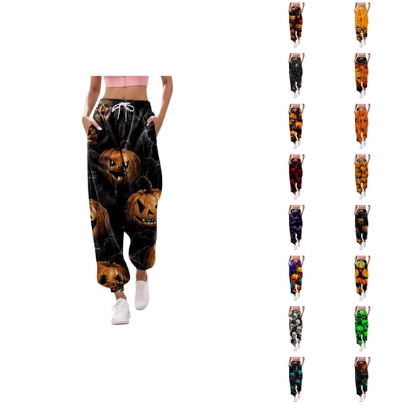 Halloween Pants Women Elastic High Waist Drawstring Relaxed Fit Funny Spooky Print Joggers Sweatpants with Pockets