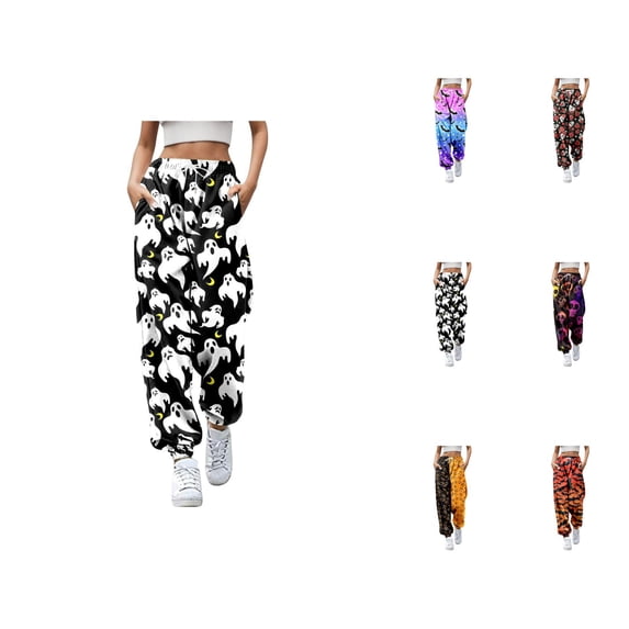 Halloween Pants Women Elastic Waist Drawstring Relaxed Fit Funny Print Joggers Sweatpants with Pockets