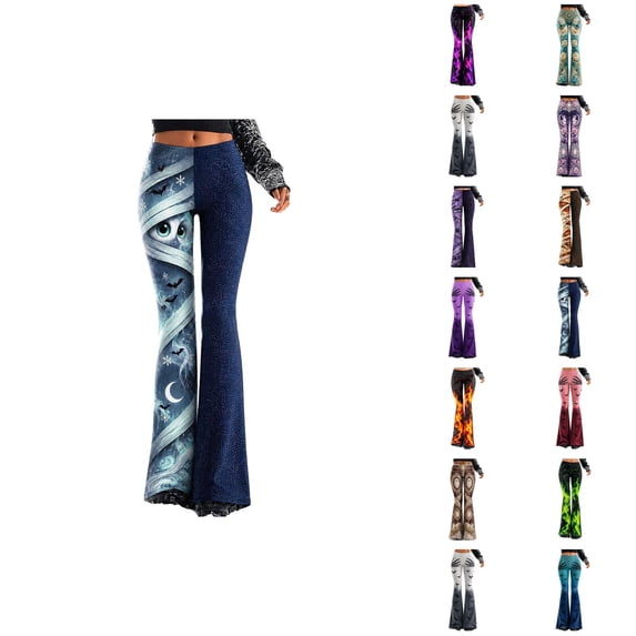 Halloween Pants Women Lightweight Elastic Waist Casual Printed Flared Leggings Bell Bottoms Trousers