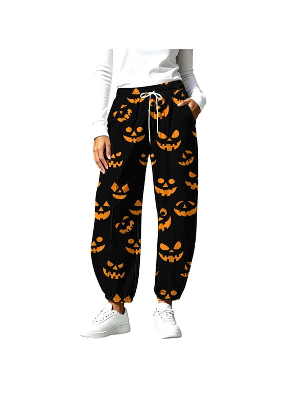 Halloween Pants for Women Baggy Sweatpants with Pocket Cute Pumpkin Print Wide Leg Pants Y2K Halloween Costumes