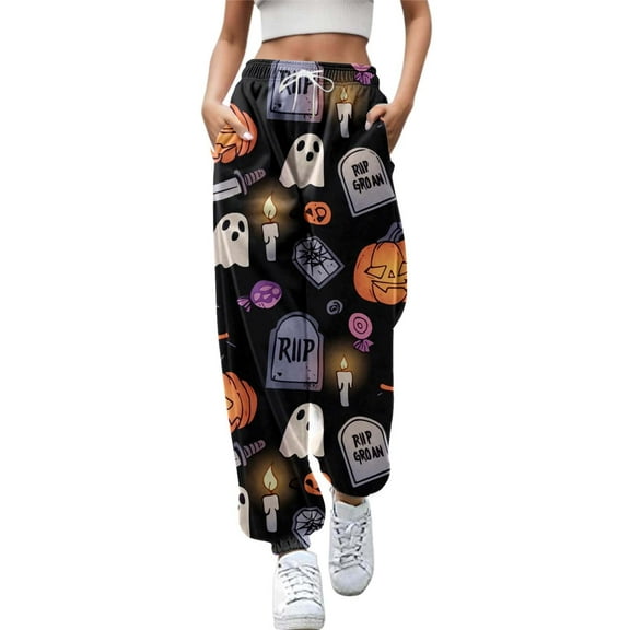 Halloween Pants for Women Funny Pumpkin Printed Elastic Waisted Jogger Pants with Pockets Lightweight Casual Trendy Relaxed Fit Slacks