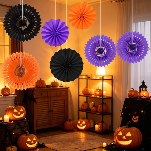 Halloween Paper Hanging Decorations Set, 9Pcs Indoor Party Supplies with Spooky Black Orange Purple Design, Wall Ceiling Decor for Home, Office, Dorm, Party, 39.3in Length