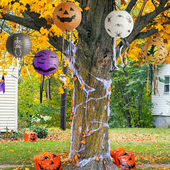 Halloween Paper Lanterns with Fluttering Ribbon, Hanging Spider Skeleton Pumpkin for Halloween Party Decor, Indoor & Outdoor Spooky Home Decor, 13.7 Inches