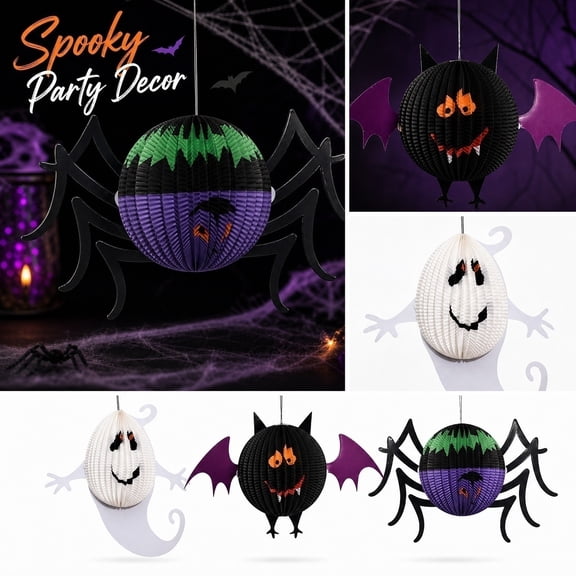 Halloween Paper Lanterns - Hanging Spider Bat Ghost Honeycomb Decorations,Foldable Party Supplies for Indoor Outdoor Home Patio,Spider