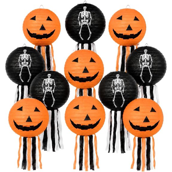 Halloween Paper Lanterns Set of 10 - Pumpkin & Skeleton Hanging Decor