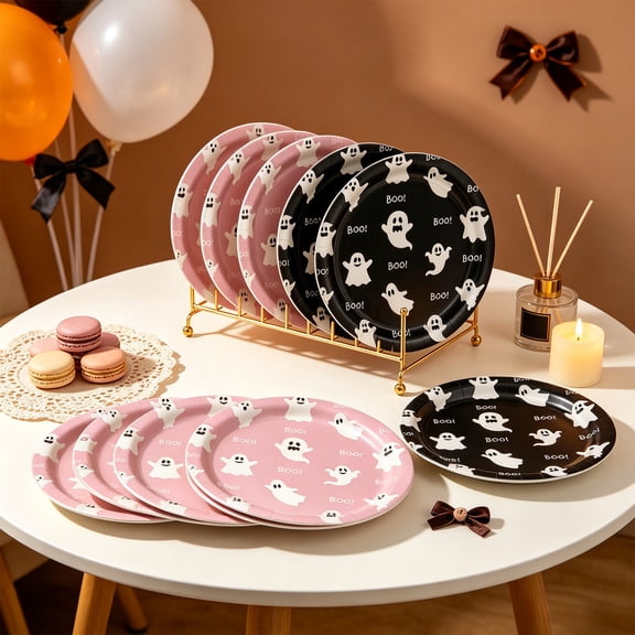 Halloween Paper Plates, 10PC Cute Cartoon Ghost Disposable Round Plates, 7 Inch and 9 Inch Decorative Dinner Plates for Halloween Summerween Party Birthday Table Decor