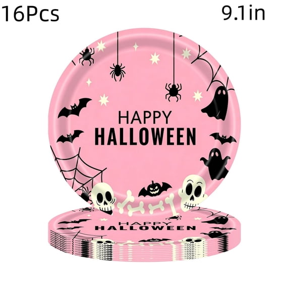 Halloween Paper Plates 9in Pink Disposable Party Plates, Cartoon Ghost Bat Spider Web Skull Pumpkin Pattern Heavy Duty Paper Dinner Plates,16 Count Tableware for Halloween Indoor Outdoor Party Decor