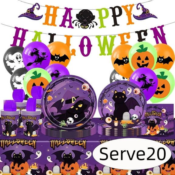 Halloween Paper Plates for Halloween Party Decoration Disposable Cups Napkins Table Cover Balloons Banner for Halloween Birthday Party Supplies Serve 20 Design4