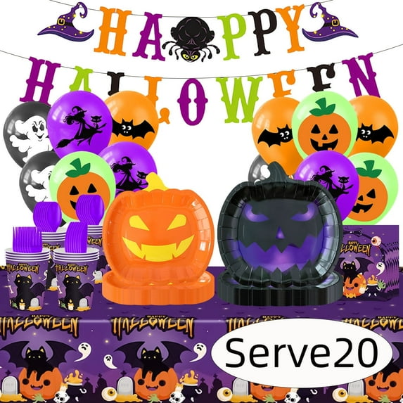 Halloween Paper Plates for Halloween Party Decoration Disposable Cups Napkins Table Cover Balloons Banner for Halloween Birthday Party Supplies Serve 20 Design2