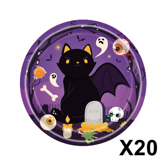 Halloween Paper Plates Vintage Disposable Dinner Plates Black Cat Bat Pattern 7 Inch Dinnerware Plate for Party Supplies Table Decor, 20pcs
