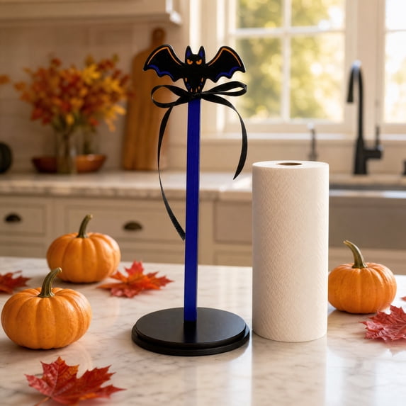 Halloween Paper Towel Holder, Bat with Bow Countertop Stand, Creepy Country Style Kitchen Bathroom Decor, Stable Wooden Base for Home Party Gift