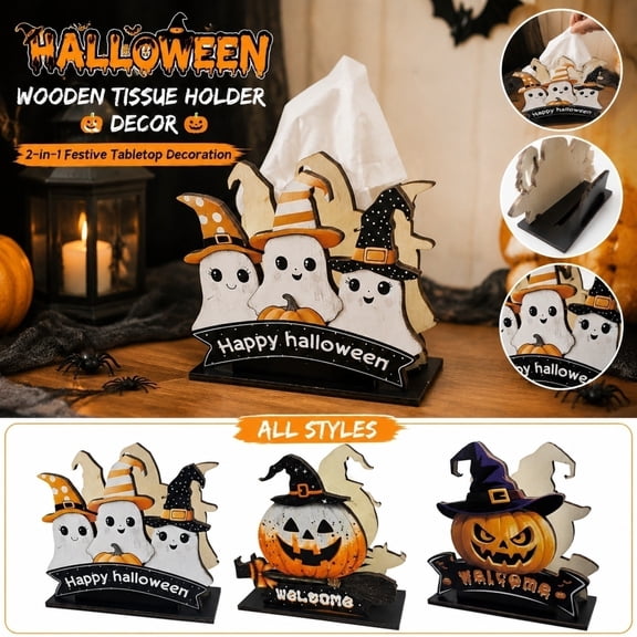 Halloween Paper Towel Holder with Ghost & Pumpkin Silhouettes, Wizard Hat Decor, Happy Halloween Tabletop Accent for Kitchen, Dining Table, Countertop, Sideboard