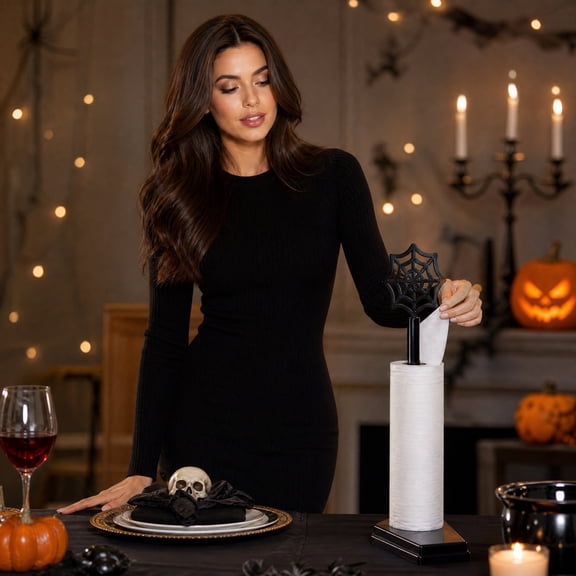 Halloween Paper Towel Rack Standing Spiderweb Design, Gothic Black Roll Paper Holder for Kitchen Restaurant, Freestanding Paper Towel Stand with Hollow Web Topper for Holiday Decor