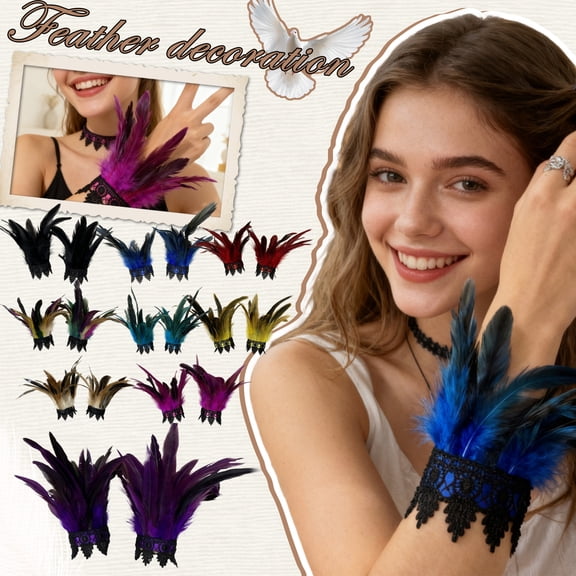 Halloween Party Accessory, Feather Arm Bands, Black Lace Goth Decor, Vampire Decorations Halloween Decor, Witch Halloween Decorations, 2 Pack 12X8 Inch Feather Wrist Cuffs with