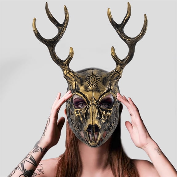 Halloween Party Accessory, Gilded Bone Texture Deer Skull Mask, Mask for Masquerade Party, Spooky Halloween Decor, Removable Antler Design, 19X13X10 Inch for Adult, Seasonal