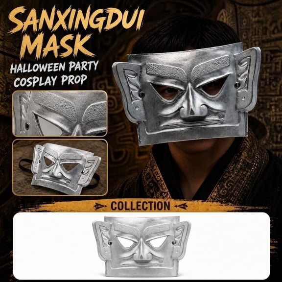 Halloween Party Accessory, Mask for Masquerade Party, Halloween, Masquerade Mask for Men, Silver -Painted Sanxingdui Archeological Themed Full Face Mask for Carnival Festive Dress