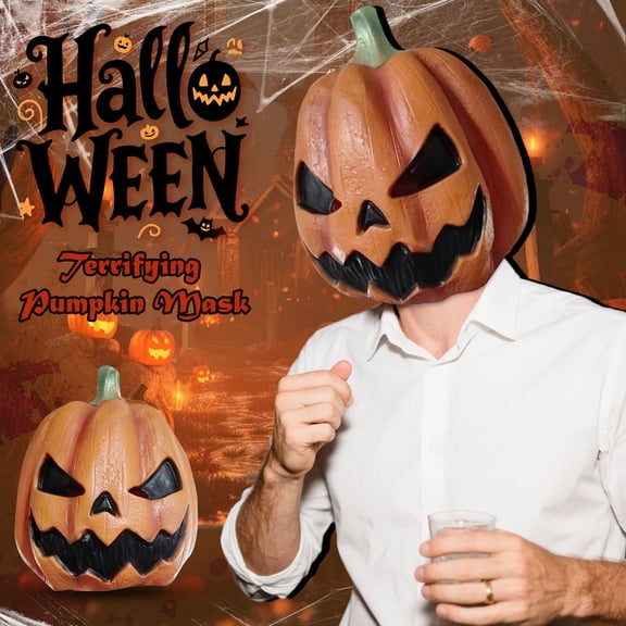 Halloween Party Accessory, Pumpkin Head Mask, Scary Halloween Mask, Halloween, Halloween Party Full Over-The-Head Latex Pumpkin Headgear, Carved Jack O Lantern Facial Detailing