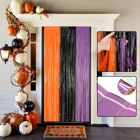 Halloween Party Backdrop, Halloween Curtain Decoration, Orange Purple Black Foil Background for Birthday and Basketball Party, Self-Adhesive Large 2x1 Meter Sparkling Metal Finish