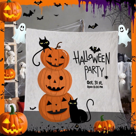Halloween Party Blanket with Stacked Jack-O-Lanterns & Black Cat Design - Soft Polyester All-Season Throw for Bed, Couch, or Floor - Multi-Size Spooky Bats & Cobweb Patterns in Orange, Black, White -