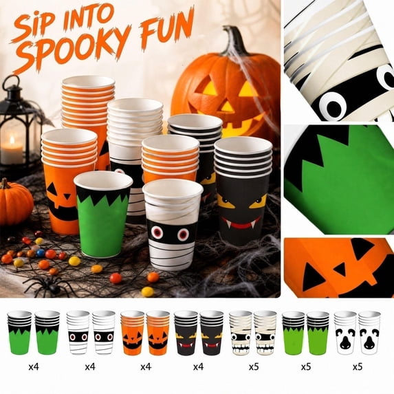 Halloween Party Cups with Spooky Pumpkin, Mummy, Ghost & Vampire Designs, Disposable Cups for Party & Kids' Halloween Birthday Party Decorations, 16 Pack Bulk Halloween Party