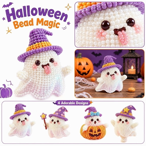 Halloween Party Decor, Cute Witch Hat Ghost Beaded Character Making Set 6Cm, for Casual Crafters, Spooky Season Home Decor Creators, Halloween Party Prep, Diy Handcraft Your Own