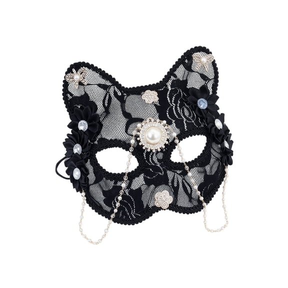Halloween Party Decor, Lace Cat Mask, Black Masquerade Mask for Women, Gothic Accessory, 7X7 in Semi-Transparent Black Lace Cat Face Half Mask with Pearl Chains and Rhinestone