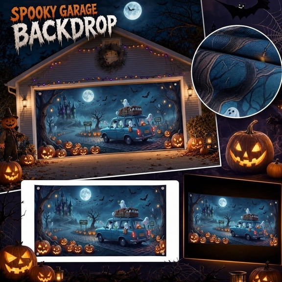 Halloween Party Decor, Outdoor Halloween Decorations, Halloween Car Decorations, Halloween Ghost Decorations, 98X71 Inch Linen Fabric Spooky Road Trip Ghost Family Halloween Scene